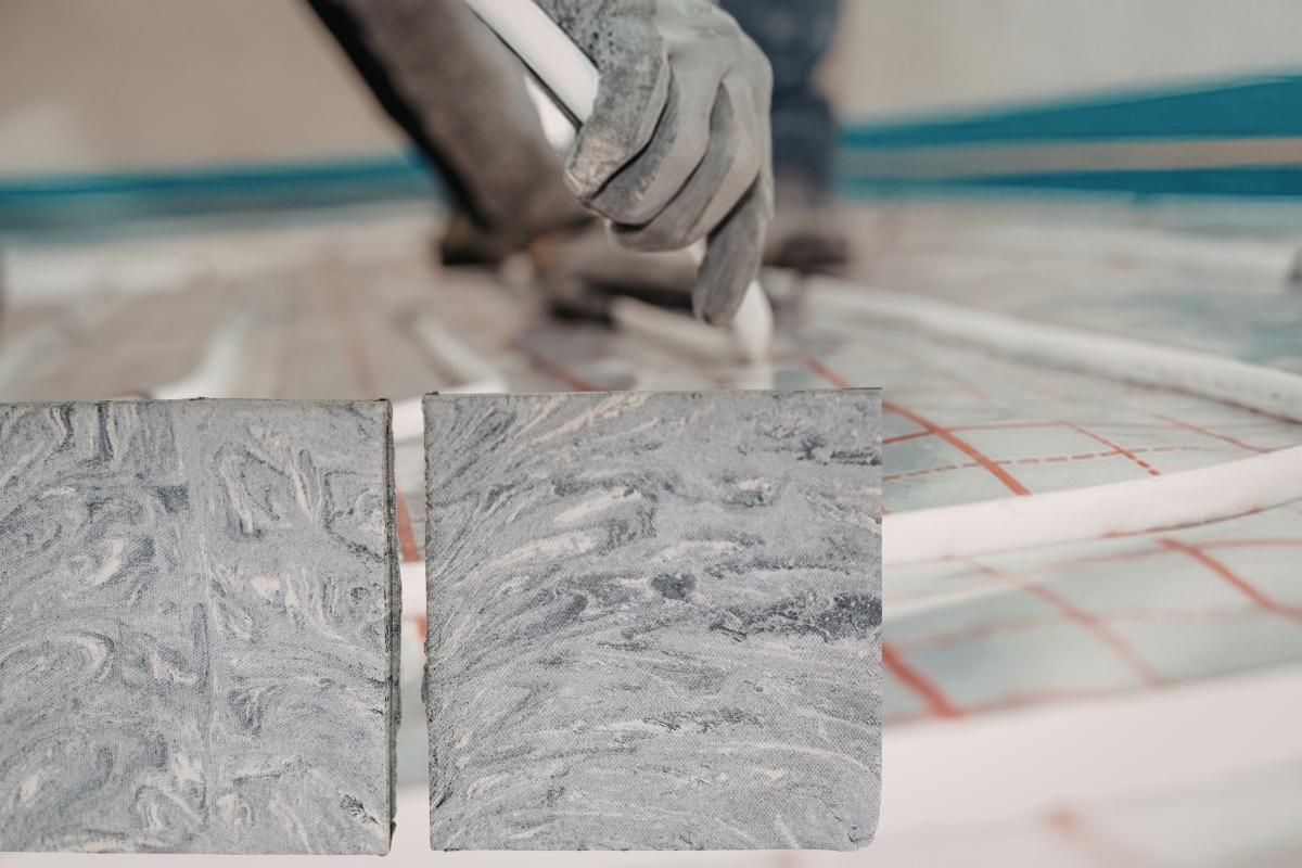 prikaz osobe koja postavlja podno grejanje i pločica pored